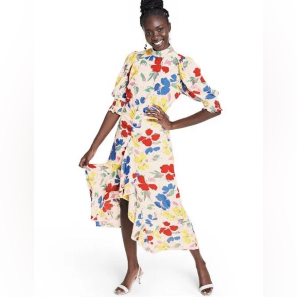 RIXO x Target Colorful Floral Mock Neck Cascade Ruffle Plus Size Dress 28W/ 30W